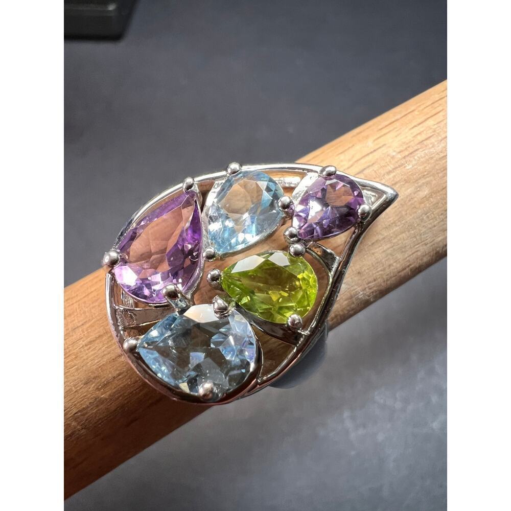 Vintage multi gemstone sterling silver cluster ring size 7 - Picture 3 of 16